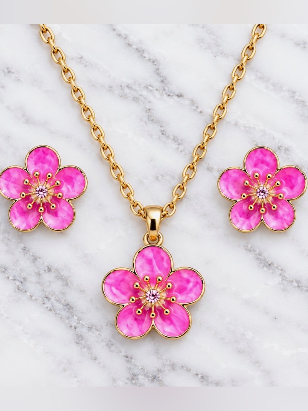 Gold-Tone-Pink Flower Pendant Necklace and Earring Set